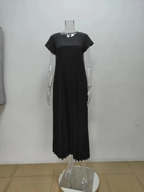 Women's Elegant And Fashionable Round Neck Sleeveless Pleated Long Dress In Solid Color Beige With Pockets, Oversized Long Skirt - Lootquake