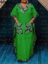 Plus Size 5XL VONDA 2024 Bohemian Printed Long Dress Summer Women V-Neck Short Sleeve Maxi Sundress Casual Pockets Loose Robe - Lootquake