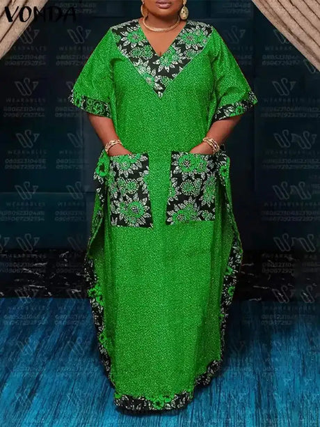Plus Size 5XL VONDA 2024 Bohemian Printed Long Dress Summer Women V-Neck Short Sleeve Maxi Sundress Casual Pockets Loose Robe - Lootquake