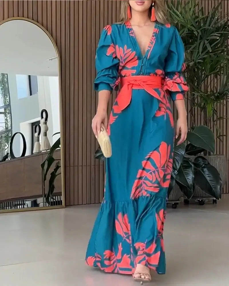 Deioao Sexy Elegant Long Dress Robes For Women V Neck Long Sleeve Loose Flower Laceup Fashion Travel Casual Plus Female Clothing - Lootquake