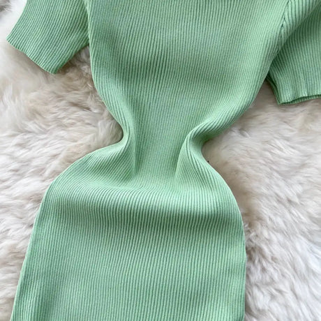 Green 2024 Sexy Summer Knit Short Sleeve Dress Women Squar Collar Waist Bodycon Sundress Female Beach  Backless Long Dress - Lootquake