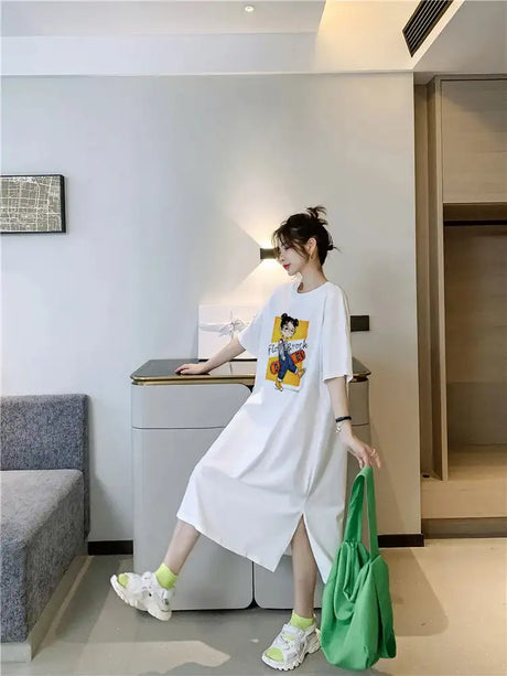 Harajuku Graphic White Long Dress Woman Clothing Y2k Casual Short Sleeve O-Neck Korean Fashion Summer Womens Loose Dresses 2024 - Lootquake