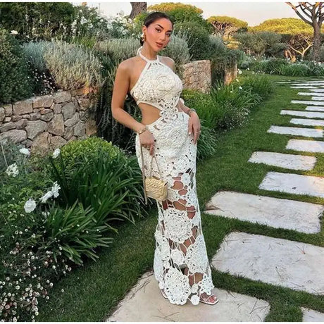 Fashion Hollow Out Halter Maxi Dress For Women 2024 Sexy Sleeveless Backless Long Dress Holiday Hook Flower Knitted Beach Robe - Lootquake