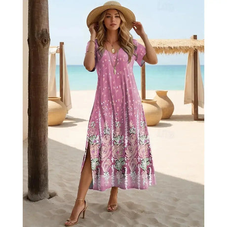 Elegant Dresses For Women Holiday V-Neck Long Dress 3d Vintage Flowers Print Short Sleeve Slit Skirt Summer New Beach Dresses - Lootquake