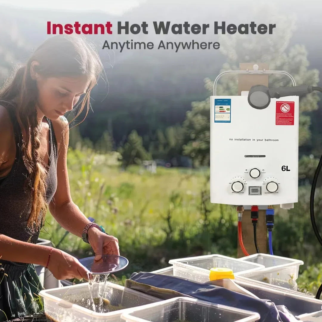 Calentador de agua instantáneo sin tanque de 6 litros para acampar al aire libre, a gas propano, con cabezal de ducha, para auto, camión y tienda de campaña.