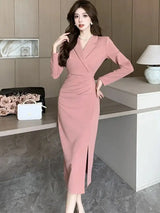 Women Pink Pleated Bodycon Formal Long Dress Autumn Winter Long Sleeve Chic Suit Dress 2025 Korean Fashion Elegant Party Dresses - Lootquake