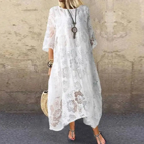 Women's Summer Round Neck Short Sleeve Lace Long Dress Vintage Handmade Hollow Flower Dress Lace Loose Casual Long Dress - Lootquake