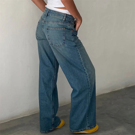 Lamuusaa Jeans y2k Clothes Women Solid Color Low Waist Waist Wide Leg Denim Pants Trousers with Multi Pockets 2000s Streetwear - Lootquake