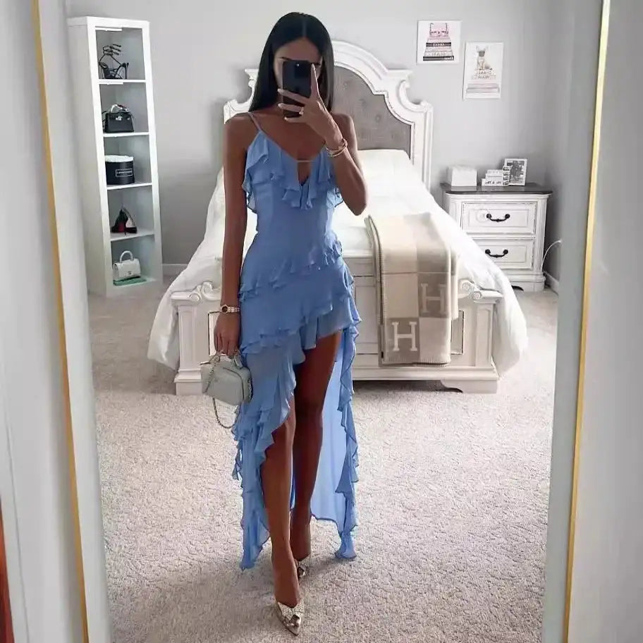 2025 Summer Women Long Dress Blue Solid V-neck Backless Irregular Sexy Slip Dresses Female Fashion Holiday Beach Clothes Ladies - Lootquake