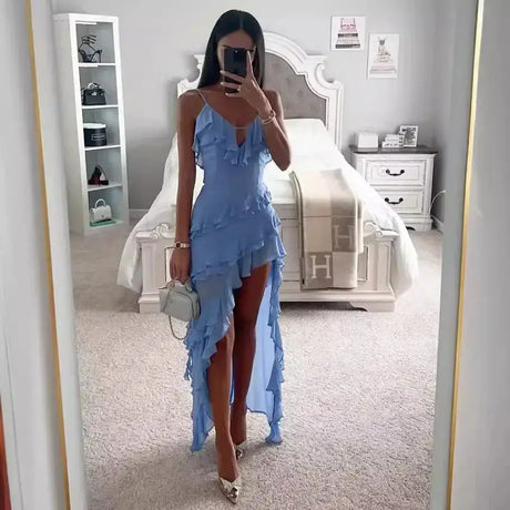 2025 Summer Women Long Dress Blue Solid V-neck Backless Irregular Sexy Slip Dresses Female Fashion Holiday Beach Clothes Ladies - Lootquake
