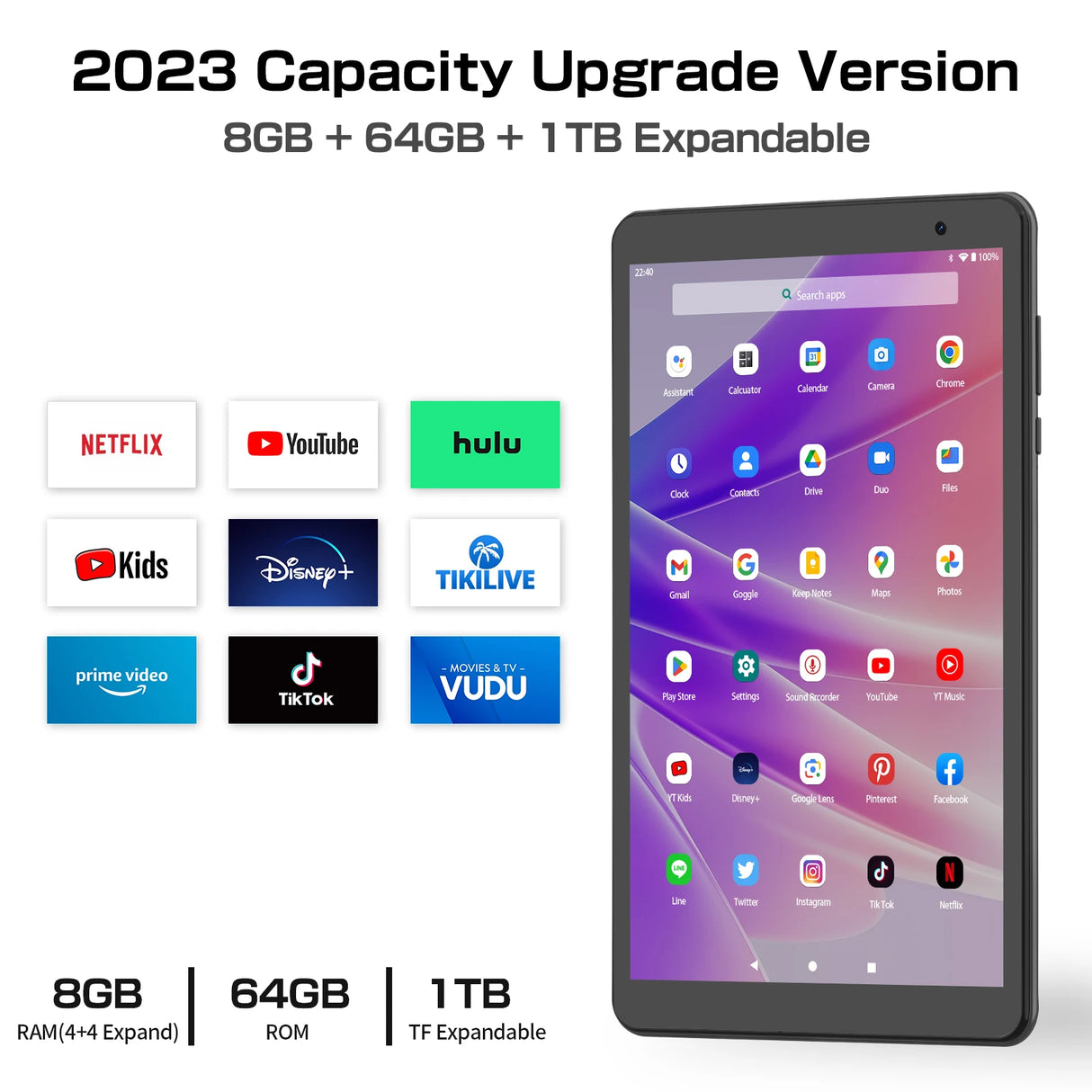 Tablette PRITOM 8 pouces Android 13, 8 Go (4+4 extensibles) RAM 64 Go ROM, 1 To extensible, écran IPS 1280x800, batterie 5000 mAh, double caméra, Wi-Fi