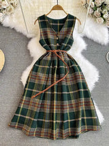 Autumn Winter Plaid Woolen Dress Women Vintage V Neck Sleeveless Long Dress With Belt Streetwear Sundress - Lootquake