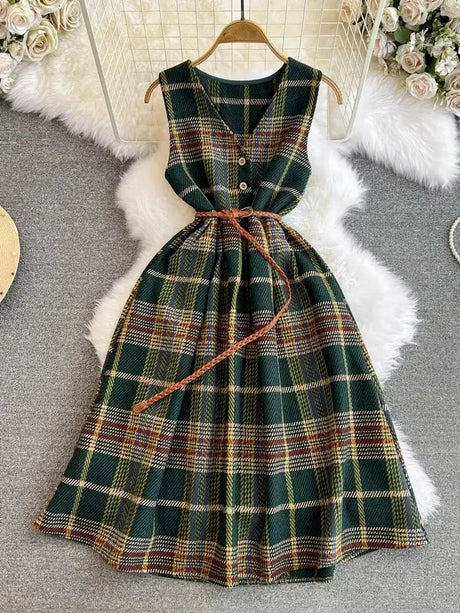 Autumn Winter Plaid Woolen Dress Women Vintage V Neck Sleeveless Long Dress With Belt Streetwear Sundress - Lootquake