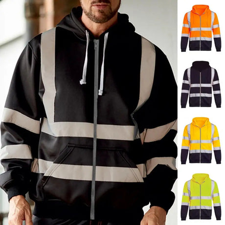 Reflective Men Hoodie Drawstring Loose Zipper Long Sleeve Hooded Pullover Winter Work Safety Coat Moisture-wicking Sweatshirt - Lootquake