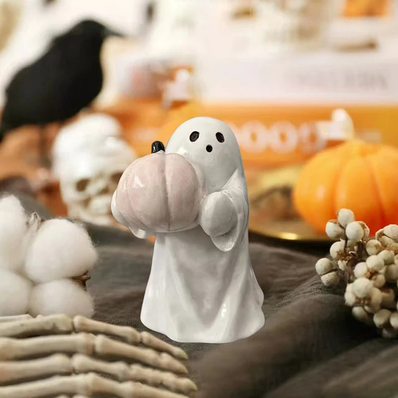 Halloween Ghost Ornament Ghost Holding Pink Pumpkin Bat Resin Ornament Home Living Room Bedroom Office Desktop Decoration