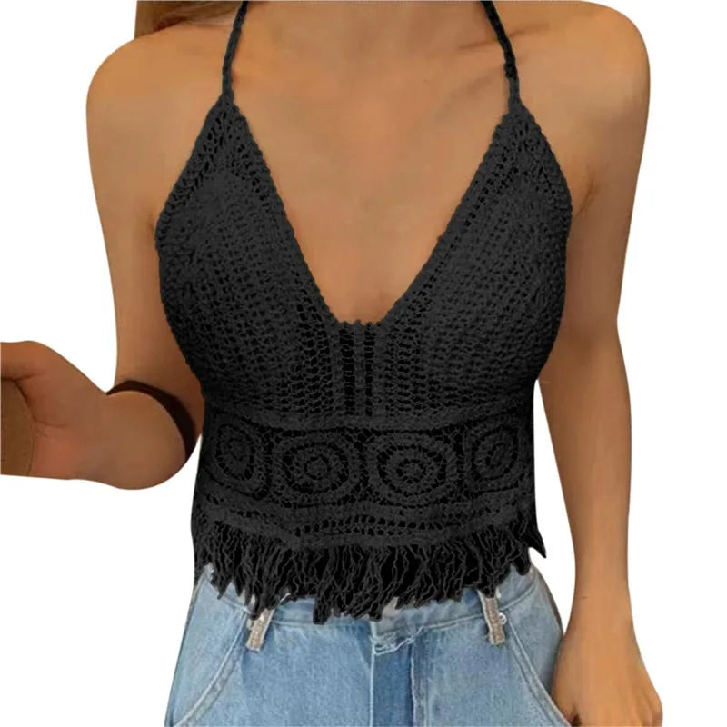 Traje de baño de punto de crochet para mujer, traje de baño tipo pareo, chaleco, top calado, ropa de playa, top corto sin mangas