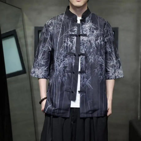 Men Chinese Style Hanfu Shirt Mens loose Tops Tang Suit Bamboo Printing Traditional Kung Fu Shirts Male Casual Shirts M-XXXXXL - Lootquake