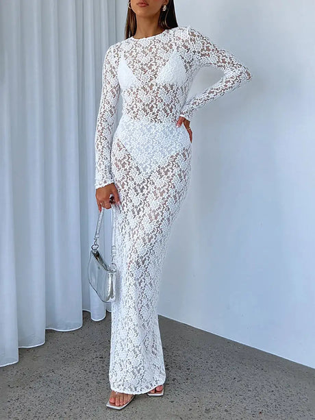 Women s Lace Long Dress Vintage Long Sleeve Round Neck Solid Color Bodycon Dress Party Gown - Lootquake