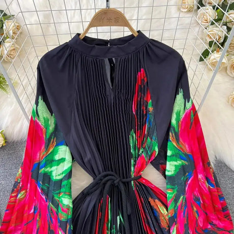 Spring Holiday Print Long Dress For Women Fashion Loose Lantern Sleeve Party Robe Female Big Swing Tassels Belt Pleated Clothes - Lootquake