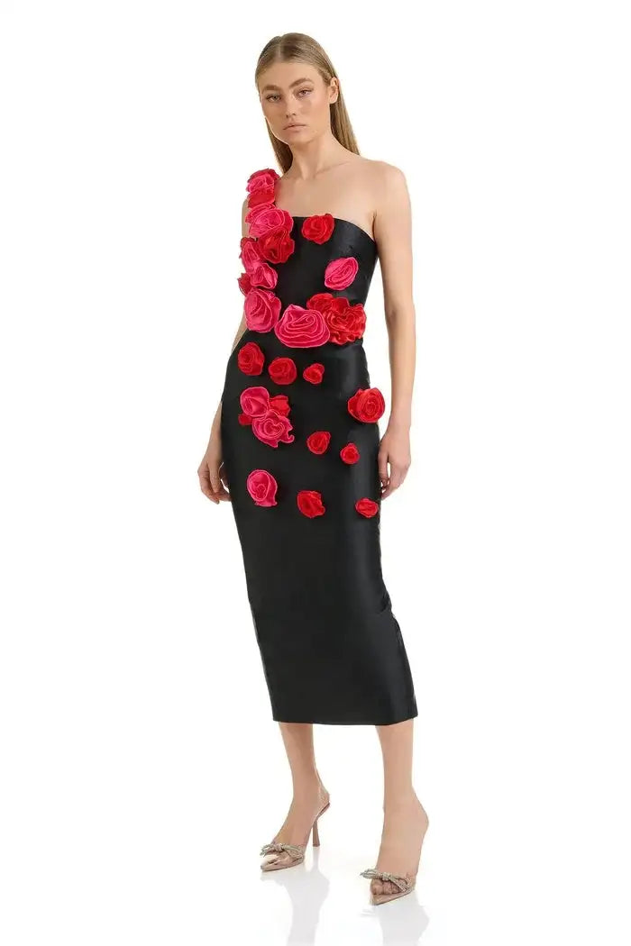 2025 New Spring Women Sexy One Shoulder Red Flowers Bodycon Bandage Long Dress Celebrate Evening Party Nightclub Dress - Lootquake