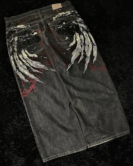 Retro southpole jeans skull watermark loose jeans men women y2k harajuku gothic hip hop skateboard pants street wear mom jeans - Lootquake
