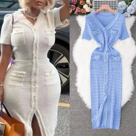 YuooMuoo 2025 New Arrival Women Knitted Long Dress Elegant V-neck Single-breasted Split Sweater Dress Office Lady Vestidos - Lootquake