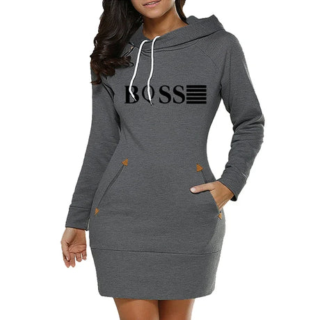 Simplicity Midi Dresses Casual Autumn Winter Daily Comfortable Fashion Slim Fit Pocket Long Sleeves Hoodies Collar Zipper Design - Lootquake