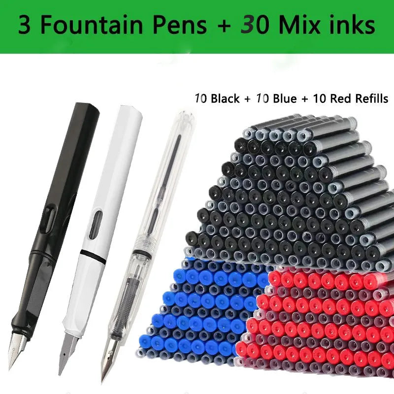 Juego de 33 plumas estilográficas Kawaii con tinta reemplazable, tinta negra, azul y roja EF de 0,38 mm, bolígrafos escolares, material de oficina, papelería para escribir.