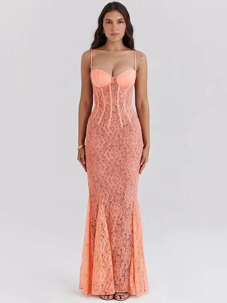 Mozision Floral Lace Sexy Maxi Dress For Women Orange Spaghetti Strap Sleeveless Backless Bodycon Club Party Long Dress Elegant - Lootquake