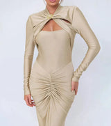 GACVGA Sexy Hollow Out Ruched Maxi Dress For Women 2024 Autumn Winter Long Sleeve Slit Slim Elegant Party Evening Long Dress