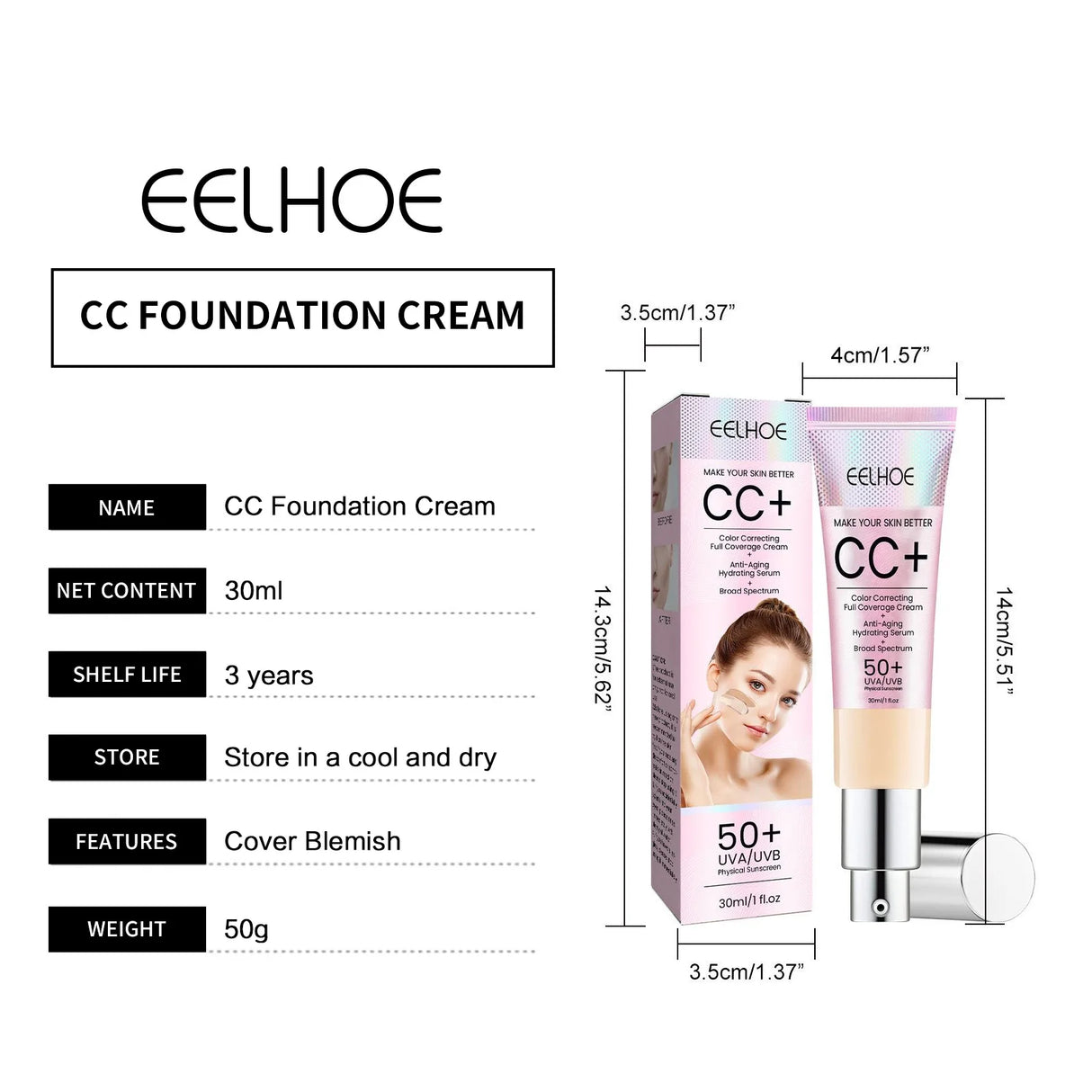 Crema de base CC, hidratante natural, resistente al agua, iluminadora, corrector, cobertura, control de grasa y manchas, maquillaje duradero.
