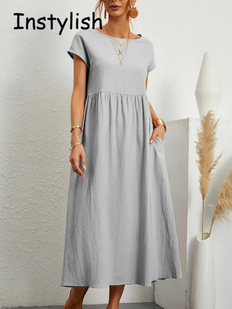 Women Elegant Solid Maxi Dress Summer Short Sleeve O Neck Vintage Harajuku Cotton Linen Loose Sundress Y2K Pockets Long Dress - Lootquake