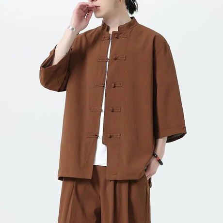Men Chinese Style Hanfu Shirt 3/4 Sleeve Mens Loose Tops Tang Suit Solid Traditional Kung Fu Shirts Male Chinese Shirts M-5XL - Lootquake
