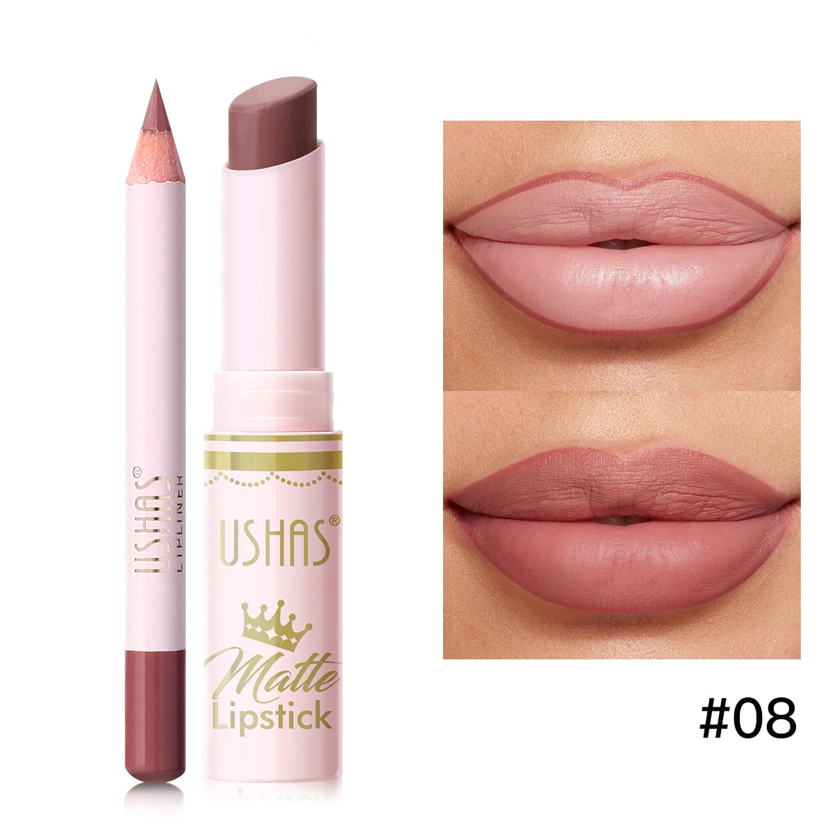 USHAS,Lipstick + lip liner set, matte finish, waterproof, long-lasting and non-staining, velvet nude lip gloss
