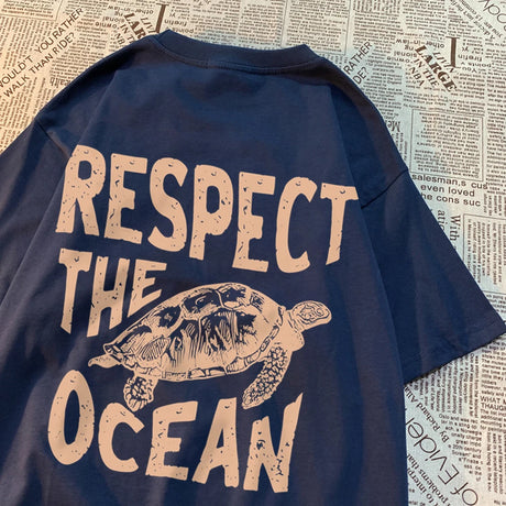 Respect The Ocean Green Turtle T Shirt Men Oversized Clothes Hip Hop Breathable Short Sleeve Harajuku Summer Cotton T-Shirt - Lootquake