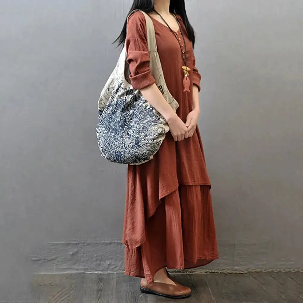 Women Elegant Linen White Dresses Bohemia Layering Vintage Robe Long Sleeve Loose Long Dress Female Autumn Vestidos - Lootquake