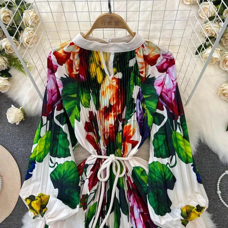 Spring Holiday Print Long Dress For Women Fashion Loose Lantern Sleeve Party Robe Female Big Swing Tassels Belt Pleated Clothes - Lootquake