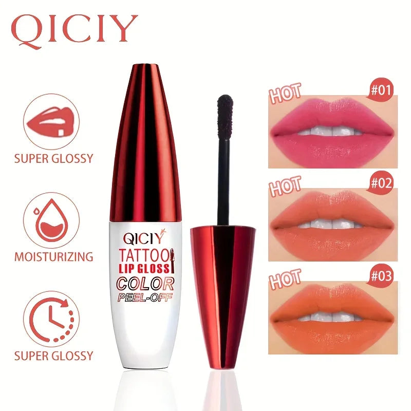 QICY Tattoo Lip Gloss Peel-Off Long-Lasting Moisturizing Liquid Lipstick with Waterproof Non-stick Cup Glossy Finish Nourishing