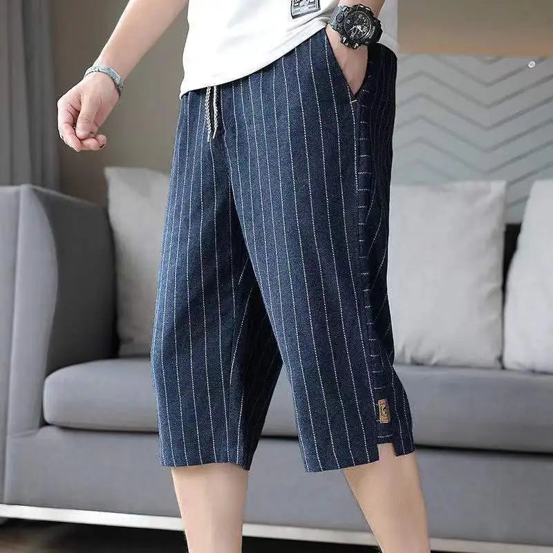 Summer New Trend Cotton Hemp Thin Straight Casual Capris Men Print Stripe Elastic Waist Drawstring Pocket Versatile Loose Shorts - Lootquake