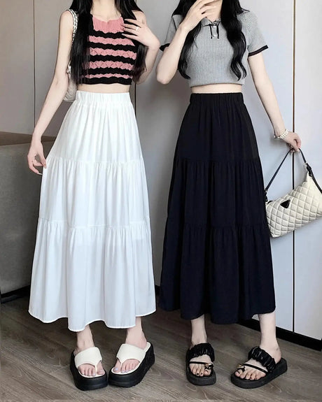 Spring 2024 New Women's Petite Black Umbrella Skirt High-waisted A- line White Dress Long Dress Drape Sense - Lootquake