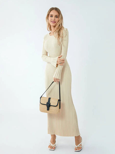 Women Spring Autumn Lace-up Knit Dress Elegant Long Sleeve Crew Neck Ribbed Solid Color Long Dress Streetwear - Lootquake