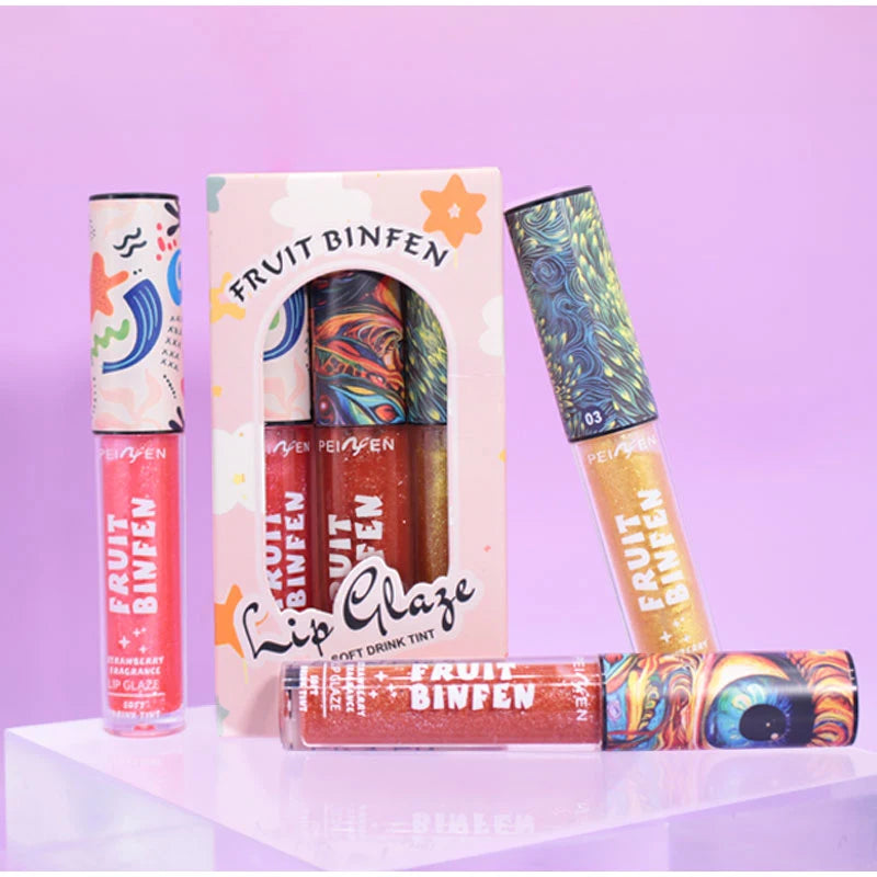 3pcs Oil Painting Lip Gloss Set,Mirror Water Glow Moisturizing Brighten Lipstick,Hydrating Nourishing Fruit Flavor Lip Care Balm