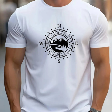 Summer Men's 100% Cotton Casual Loose Large Compass Pattern Printed Sports Comfortable Round Neck Short Sleeve T-shirt Top - Lootquake