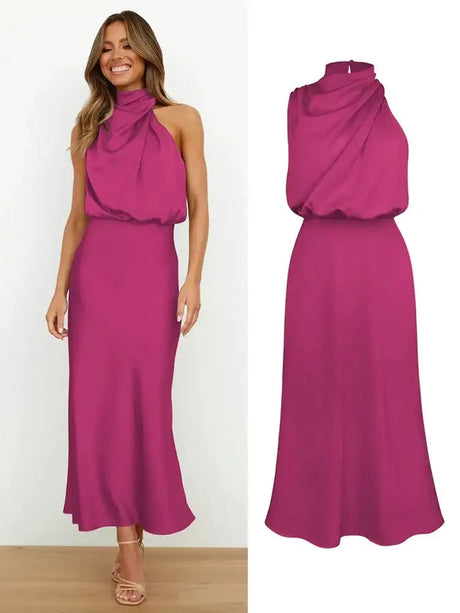 Summer High-End Silk Satin Sleeveless Long Dress Women Fashion Elegant Celebrity Dresses Evening Dress Party Clothes Ladies - Lootquake
