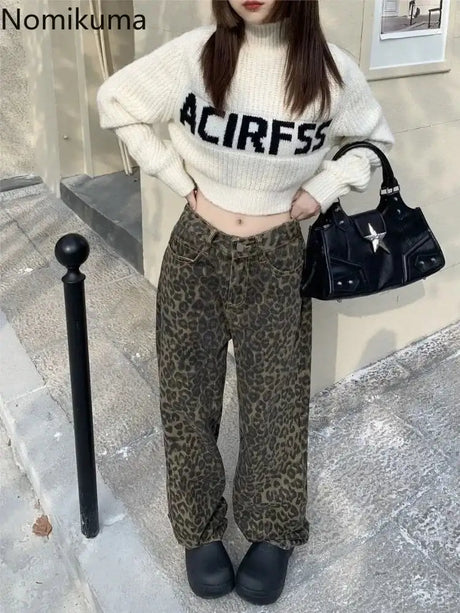 Vintage Leopard Print Pantalon Femme Wide Leg Pants Women High Waist Straight Y2k Jeans Casual Fashion Korean  Jean Trousers - Lootquake