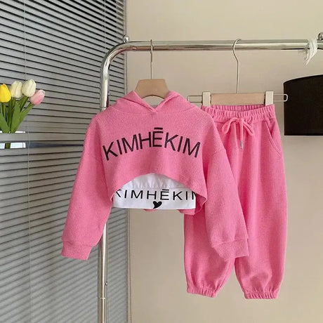 Autumn Baby Girl 3 Pieces Clothes Set Children Long Sleeve Letter Pullover + Sleeveless Top + Sport Pant Suit Girls Tracksuit - Lootquake