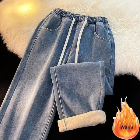 Thicken Velvet Lined Casual Wide Leg Jean  Warm Fashion High Waist Cowboy New Vaqueros  Winter Basic Snow Wear Women Denim Pants - Lootquake