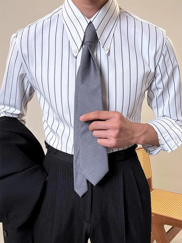 Vintage Striped Printed Slim Shirts Mens Casual Long Sleeve Lapel Buttoned Shirt 2025 Spring Fall Mens Shirt Naple Style Clothes