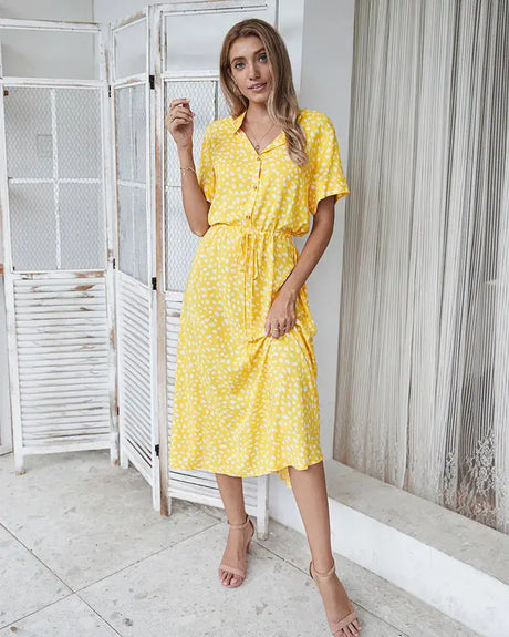 Vintage Floral Print Dress Women Boho Short Sleeve Long Dress Turn Down Collar Casual Waistband Shirt Dresses Robe 2021 Summer - Lootquake