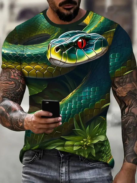 Fashion 3D Snake Printed T Shirt For Men Funny Animal Pattern Oversized T-shirt Summer Hip Hop Trend Clothing Casual O-neck Tops - Lootquake